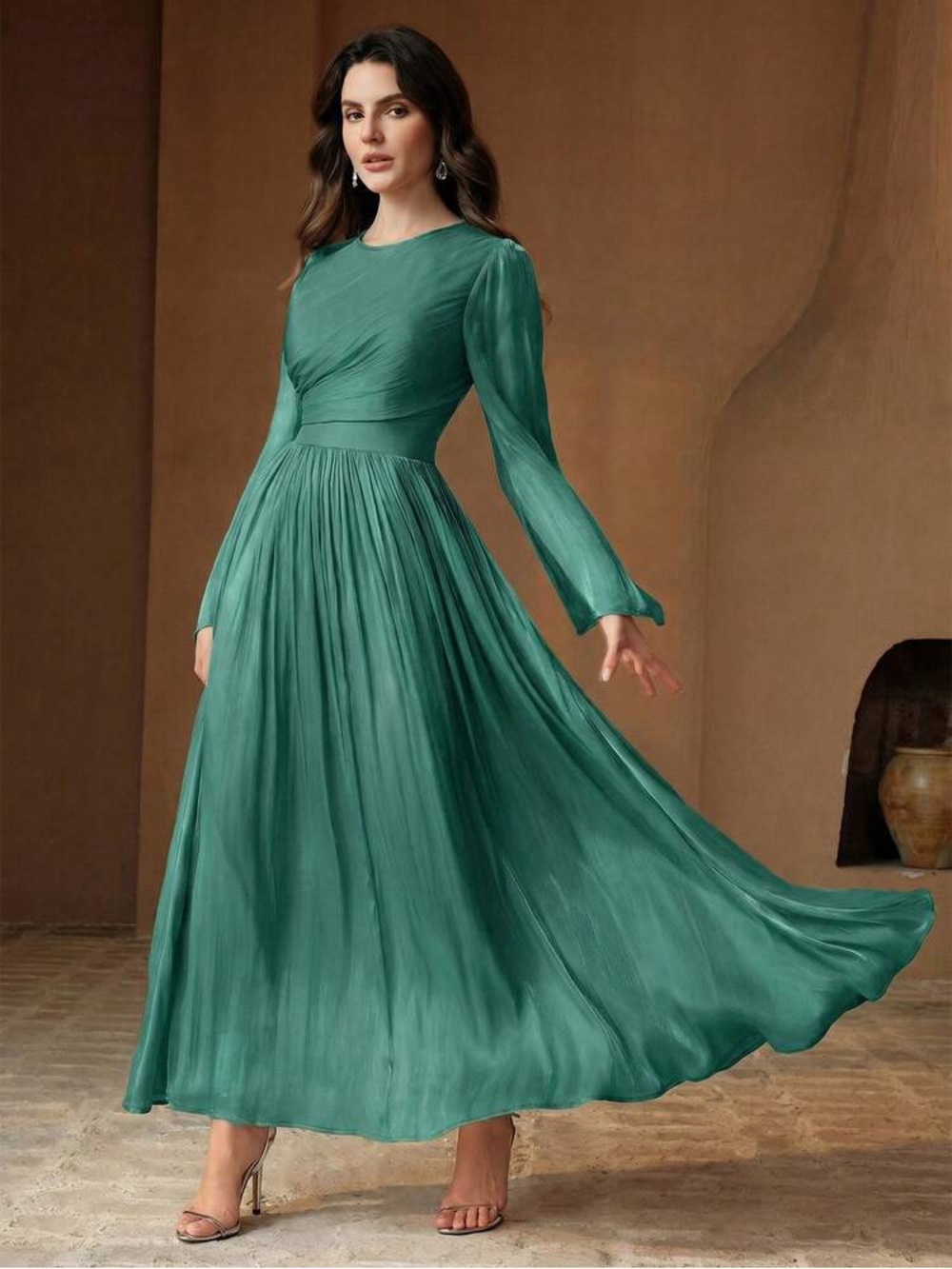 Anewsta Teal Long-Sleeve Pleated Maxi Dress S NWT